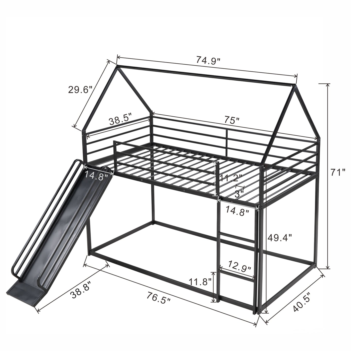 Twin House Bunk Bed with Slide and Ladder in Black for Kids