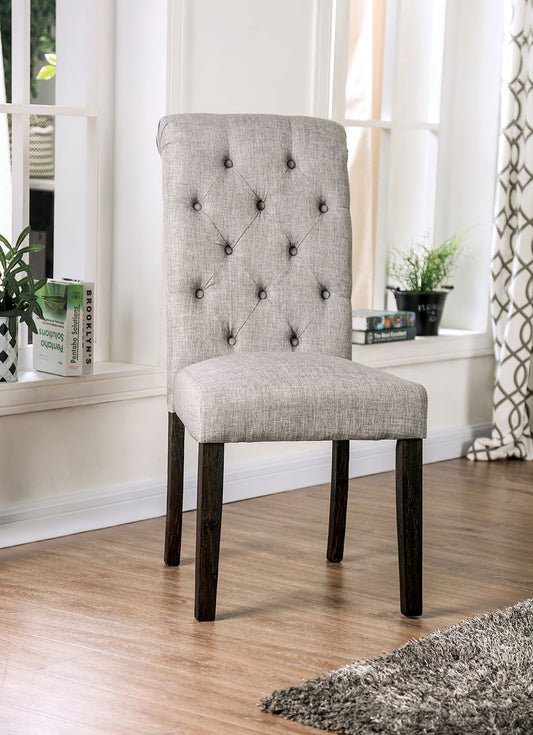 Set of 2 Dining Room Side Chairs, Button-Tufted Linen Upholstery, Solid Wood, Rustic Style, Light Gray