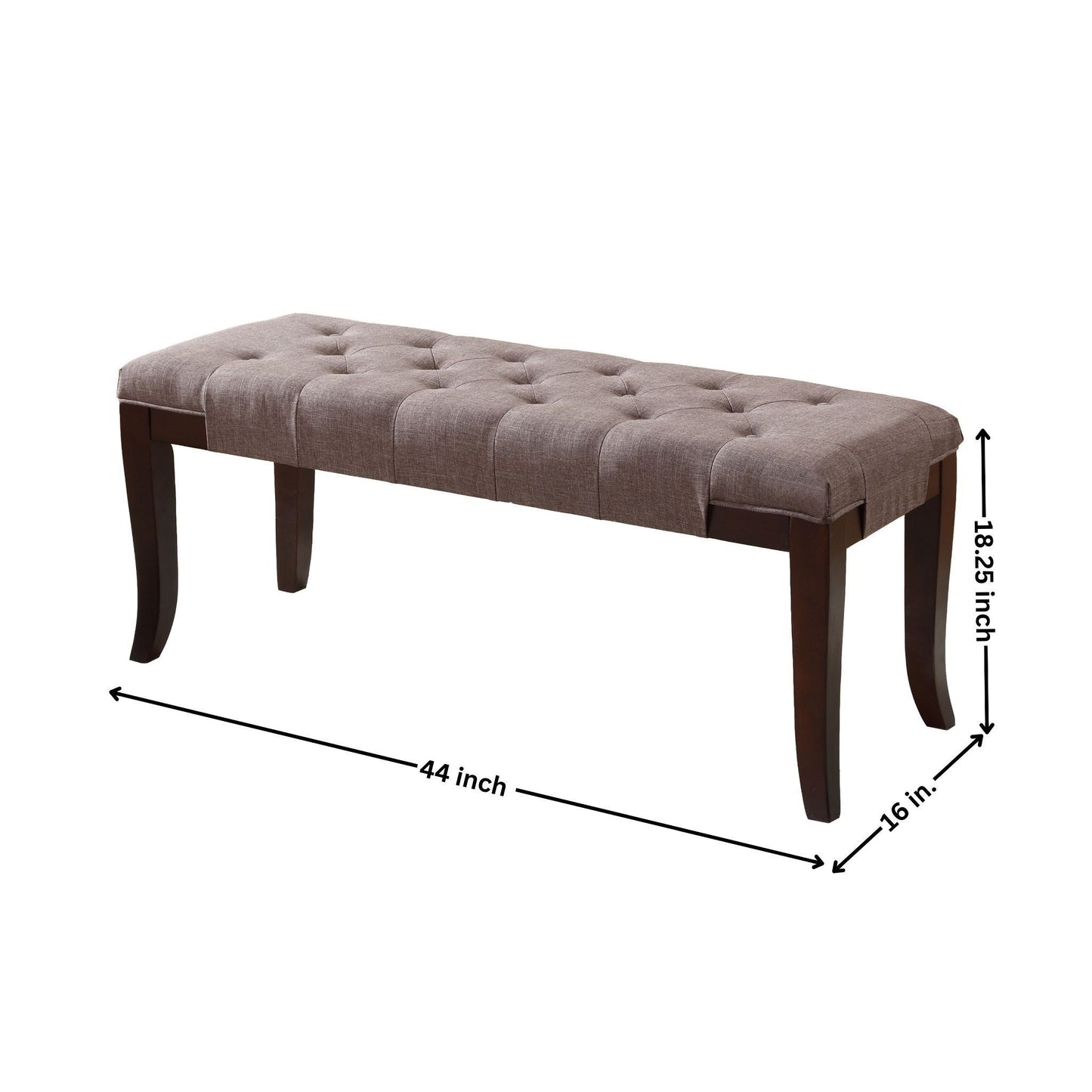 44W Tufted Polyester-Blend Fabric Bench with Espresso-Hardwood Legs, 16D x 18.25H, Entryway, Brown