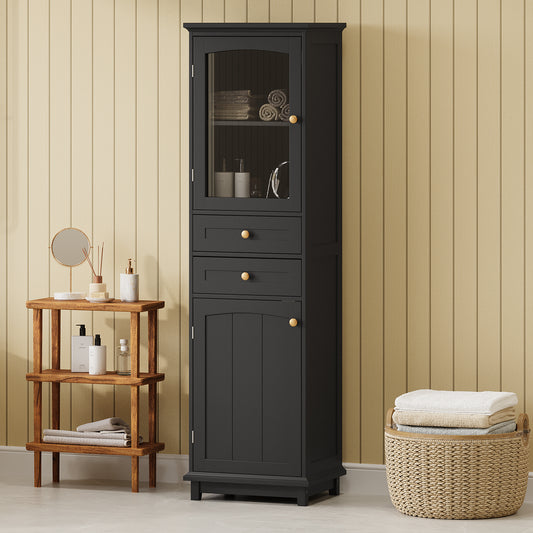 63" Tall Bathroom Storage Cabinet with Glass Doors, Free-Standing, Two Drawers, and Adjustable Shelves, MDF Board, Painted Black - Perfect for Displaying Your Favorite Items