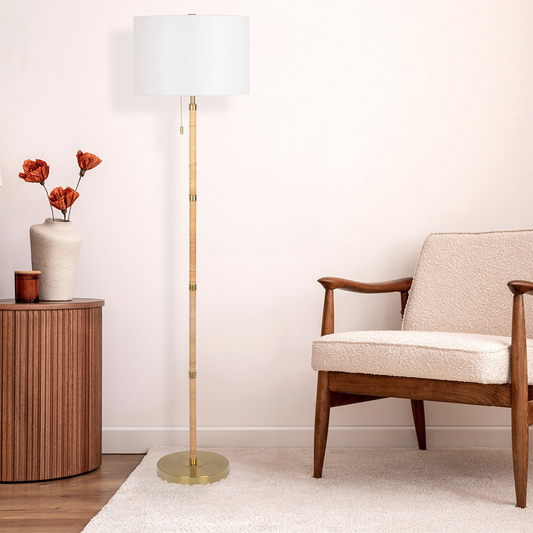 Natural Wood and Rattan Floor Lamp with White Linen Shade, 100W Type A, On/Off Chain, Gold Brass Finish