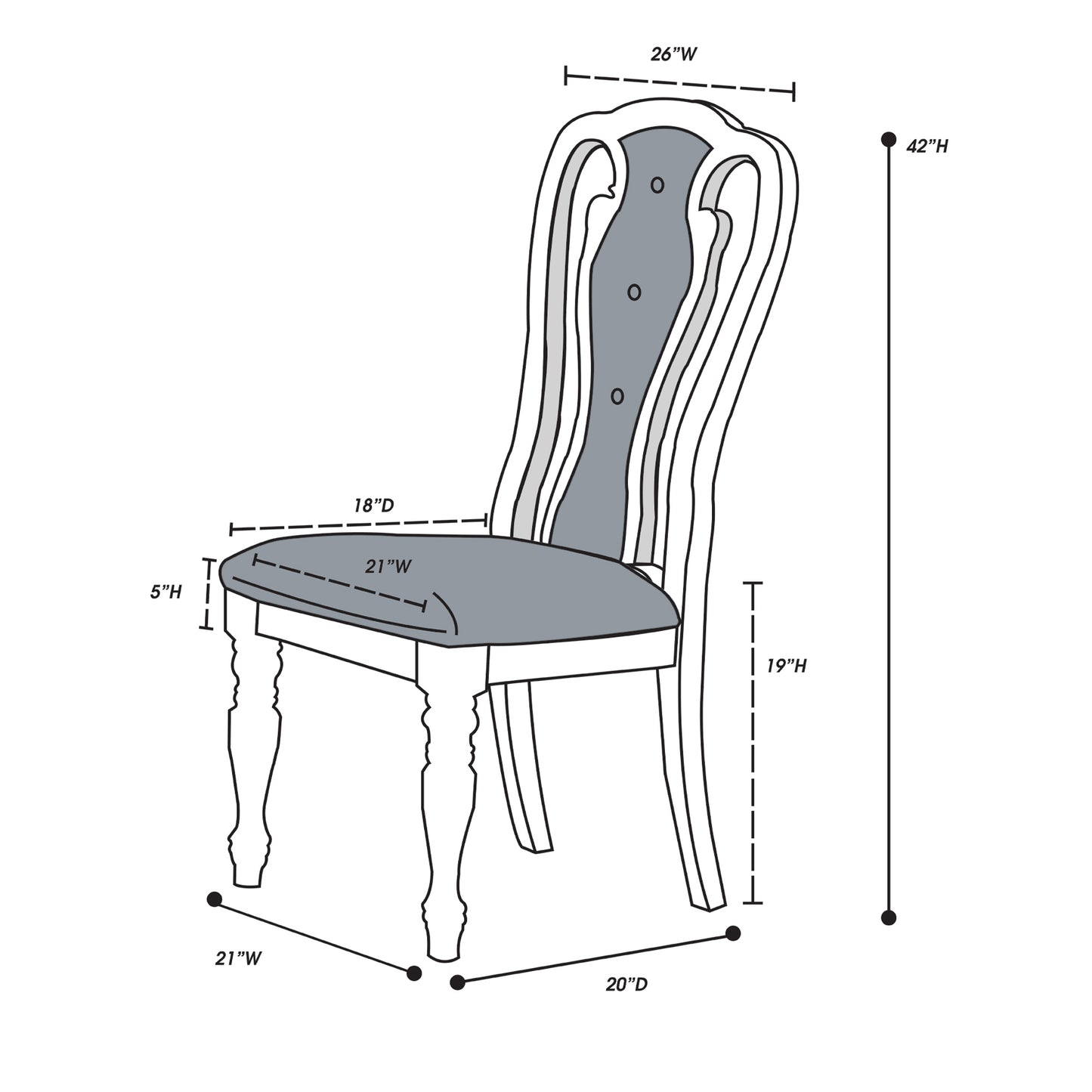 Set of 2 Upholstered Dining Chairs, Tufted Back, Solid Rubberwood, 21x24x42 in, Contemporary, Grey