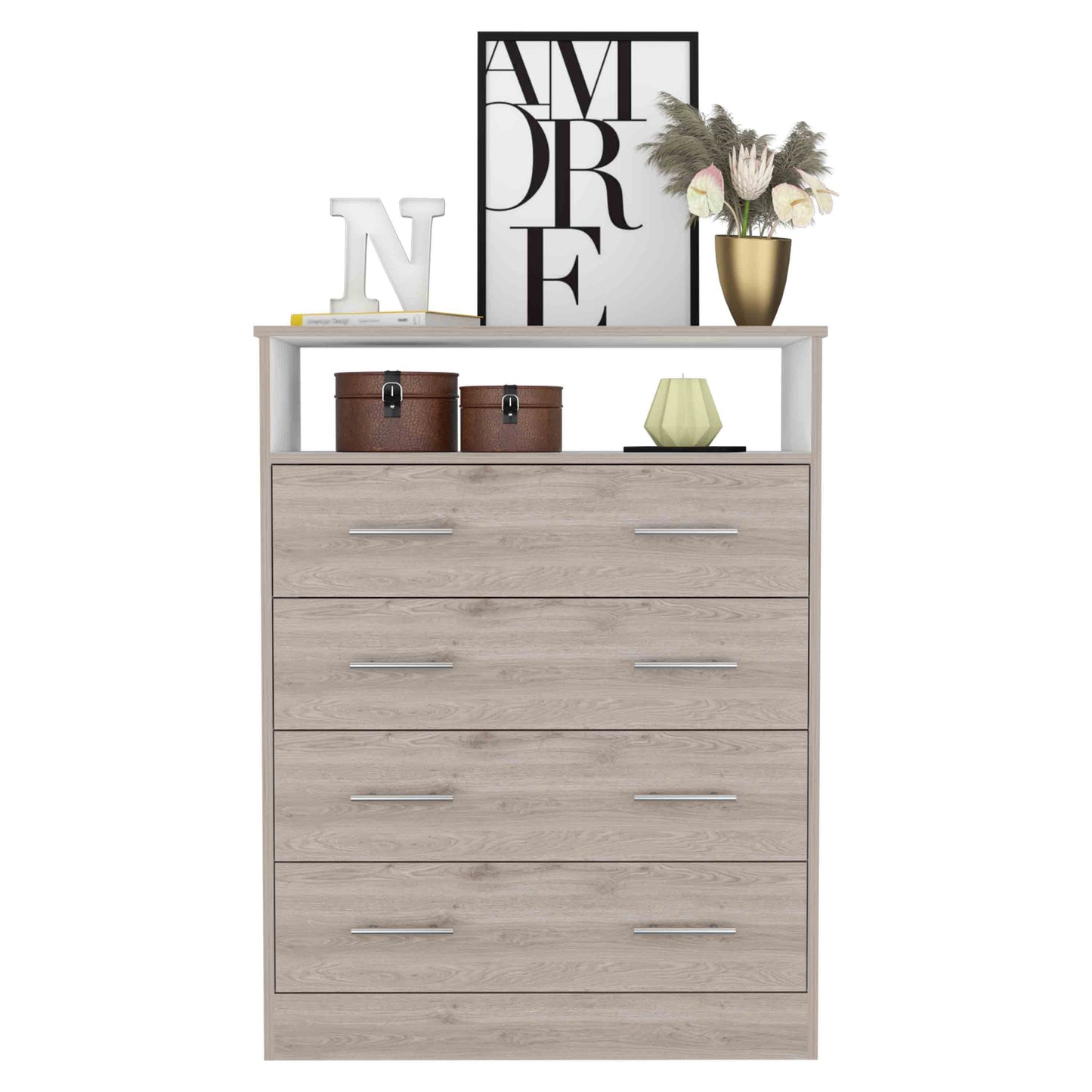 Elegant Four-Drawer Dresser with Open Shelf in Light Gray and White