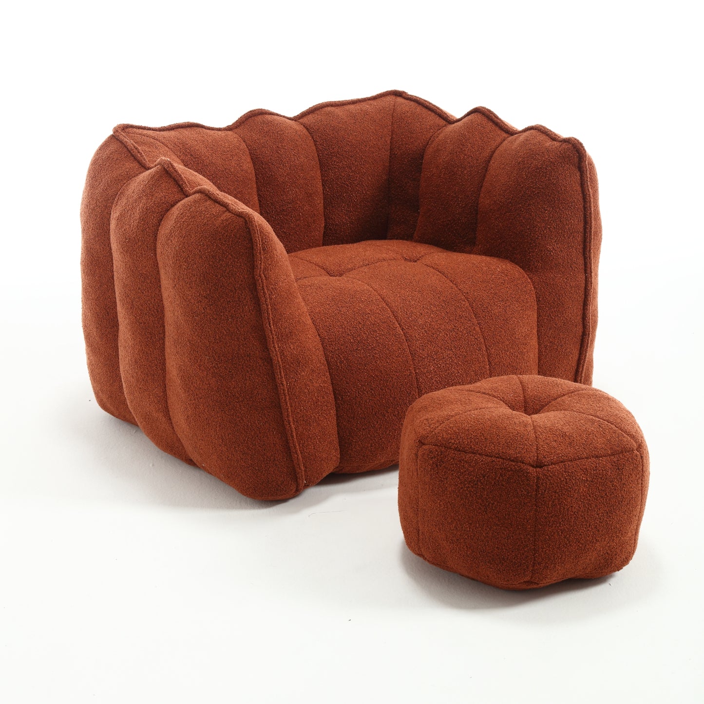 Chenille Bean Bag Chair with High-Resilient Foam, LR/BR, Square Lazy Sofa with Footstool - Red and Brown