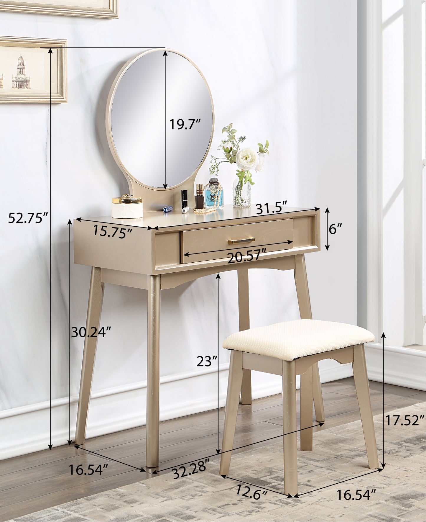 Contemporary Wood Vanity and Stool Set for Bedroom, Drawer Storage, 2-Piece Vanity Set Gold