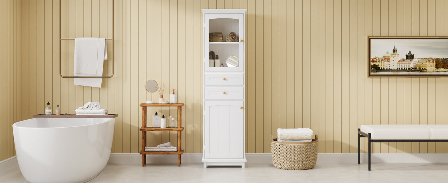 Elegant 63" Tall White Bathroom Storage Cabinet with Glass Doors, Two Drawers, Adjustable Shelves, and Anti-Tipping Design - Perfect for Organizing and Displaying Essentials