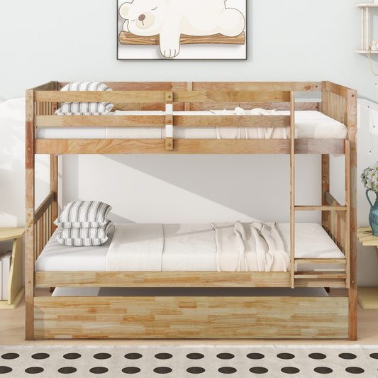Convertible Twin Over Twin Bunk Bed with Trundle, Rubber Wood Design, Ladder & Safety Guardrails, Natural Finish