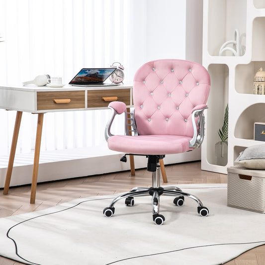 Pink Velvet Adjustable Office Chair with Padded Armrests and Swivel Wheels