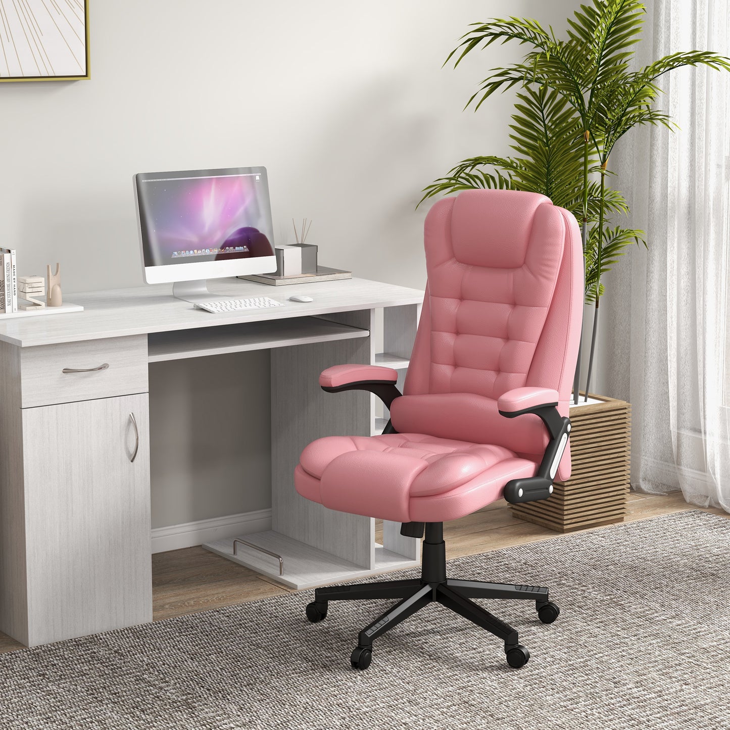 Pink High Back Massage Office Chair with Heated Recline and Remote Control - 6 Vibration Points, PU Leather