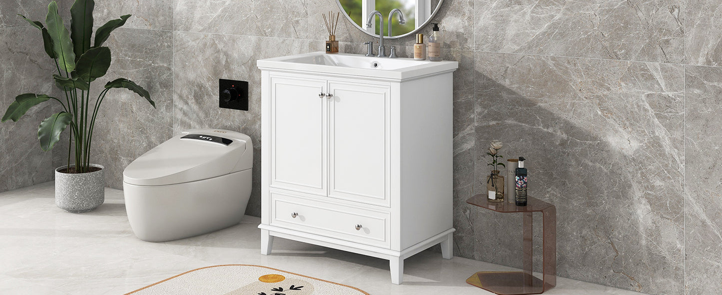 30" Modern Bathroom Vanity with Ceramic Sink, Multi-Storage Cabinet with Adjustable Shelves, Durable Solid Wood & MDF Construction, White Finish