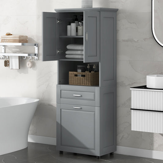 Tall Grey Storage Cabinet with Removable Laundry Hamper, Multi-Functional Upper Shelves and Cabinet Doors