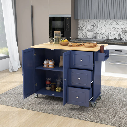 Versatile Rolling Kitchen Cart with Drop Leaf - Sturdy Solid Wood Top, Locking Wheels & Ample Storage (Dark Blue)