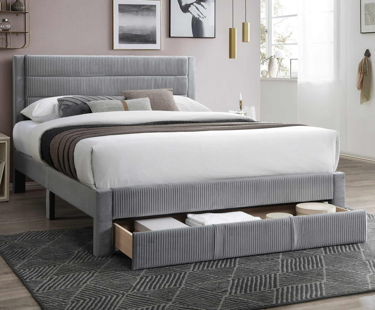 Elegant Gray Corduroy Queen Size Bed Frame with Storage Drawer and Modern Design