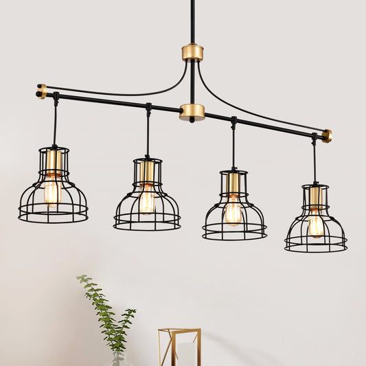 40-Inch Linear 4-Light Farmhouse Chandelier for Island, Metal Shade, Adjustable, Matte Black & Matte Gold