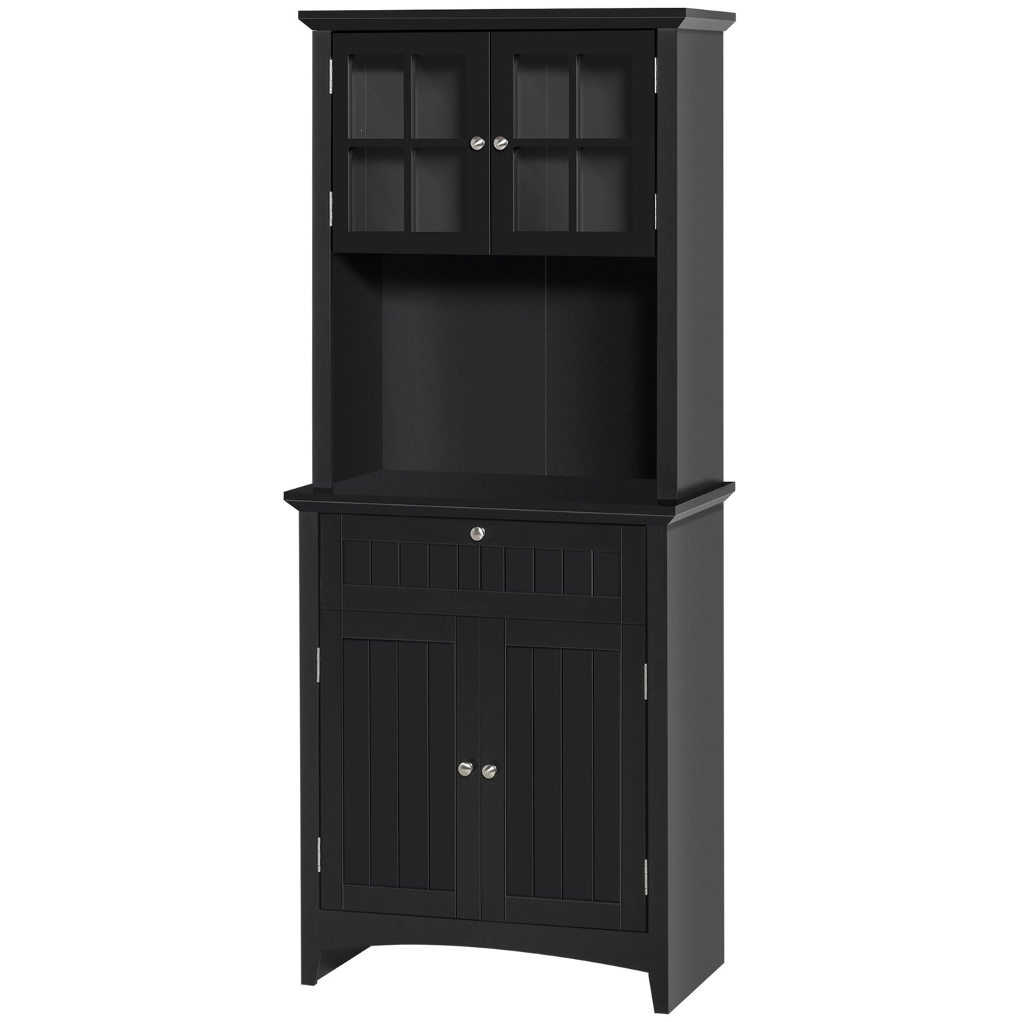 Sleek Black Kitchen Pantry Cabinet with Hutch and Adjustable Shelves
