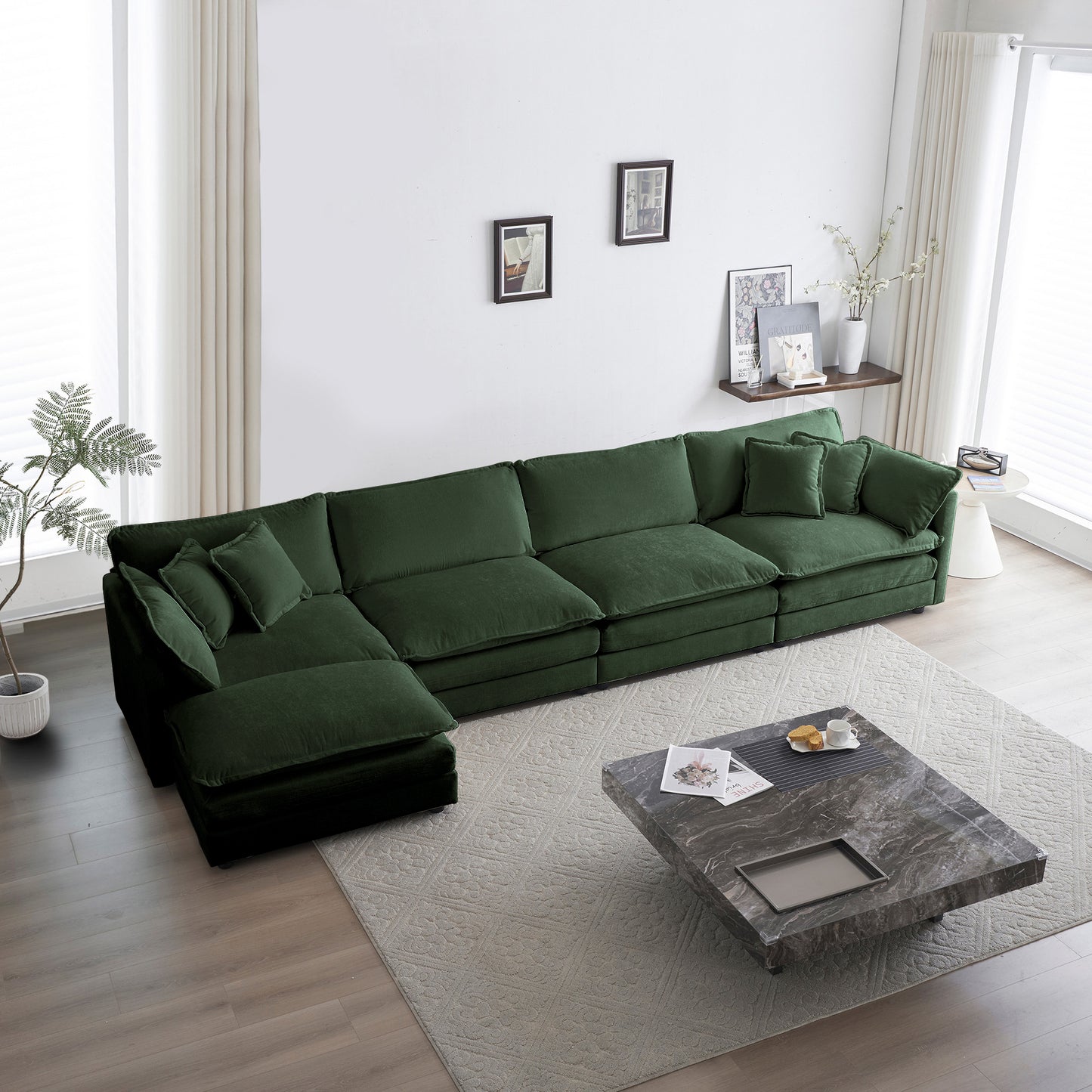 Modular Sectional Sofa for Living Room - 5-Seater U-Shape with Ottoman, Chenille Upholstery Green