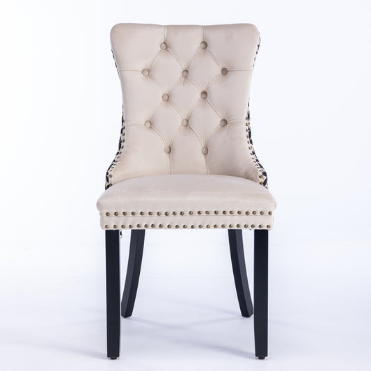 Set of 2 Velvet Tufted Dining Chairs with Nailhead Trim, Rubberwood Legs, Mid-Century, Beige