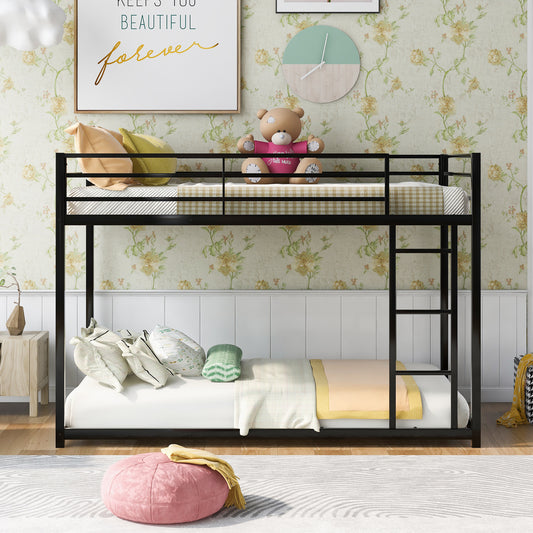Stylish Black Twin Metal Bunk Bed with Ladder - Space-Saving Low Design