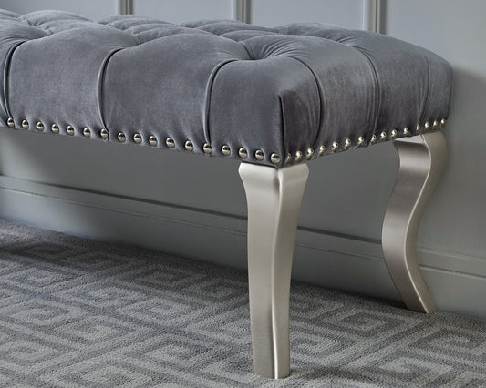 Tufted Upholstered Bench with Nailhead Trim, Velvet, 48W x 18D x 18H, Champagne Wood Legs, Gray
