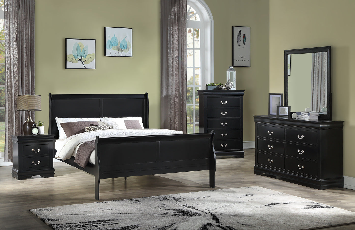 Louis Phillipe Elegant Black Queen Sleigh Bed with Solid Wood Construction for Timeless Bedroom Style