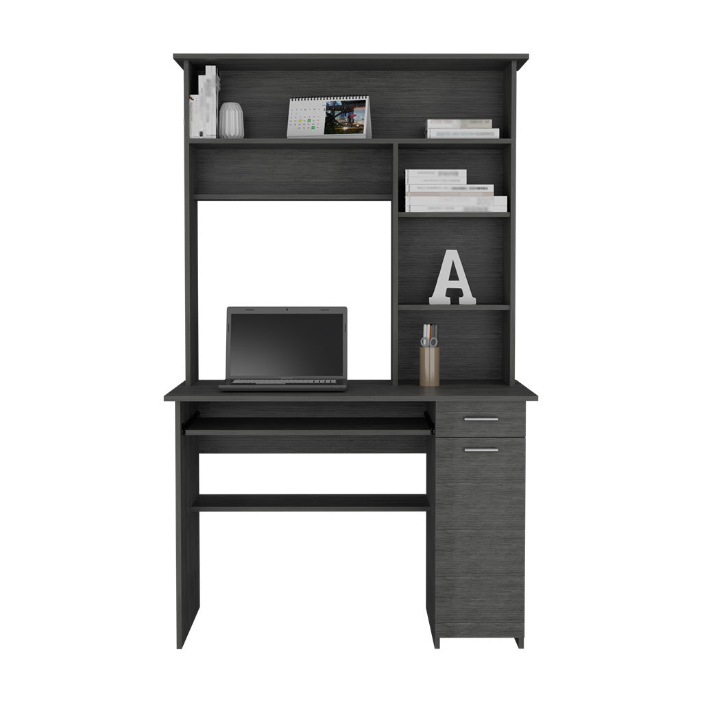 Smokey Oak Compu Hutch Desk with Keyboard Tray, CPU Door Panel, Shelves, and Drawer