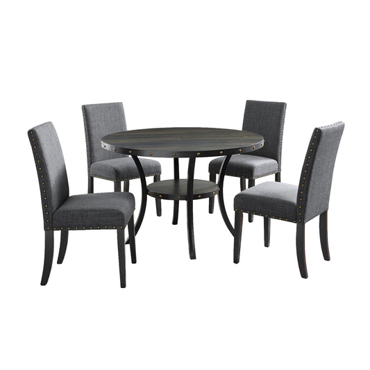 Round 48 Inch Wood Dining Set Four Nailhead Chairs Gray