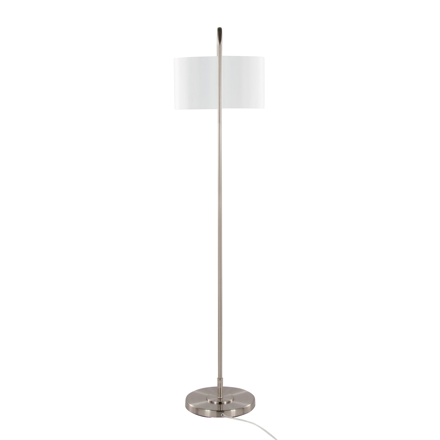 63-Inch Contemporary Metal Floor Lamp with Linen Shade Arc Neck, Foot Switch, Living Room, Brushed Nickel