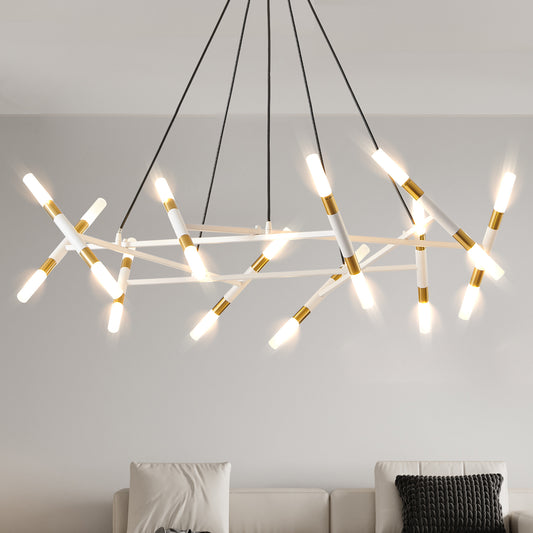 Branch Chandelier, Frosted Tubes, Adjustable Height, Dining Room or Kitchen Island White & Golden