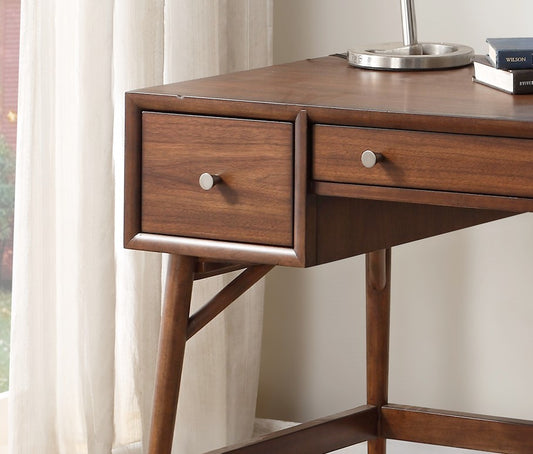 Mid-Century Modern Walnut Veneer Writing Desk with Storage Drawers and Nickel Knob Accents