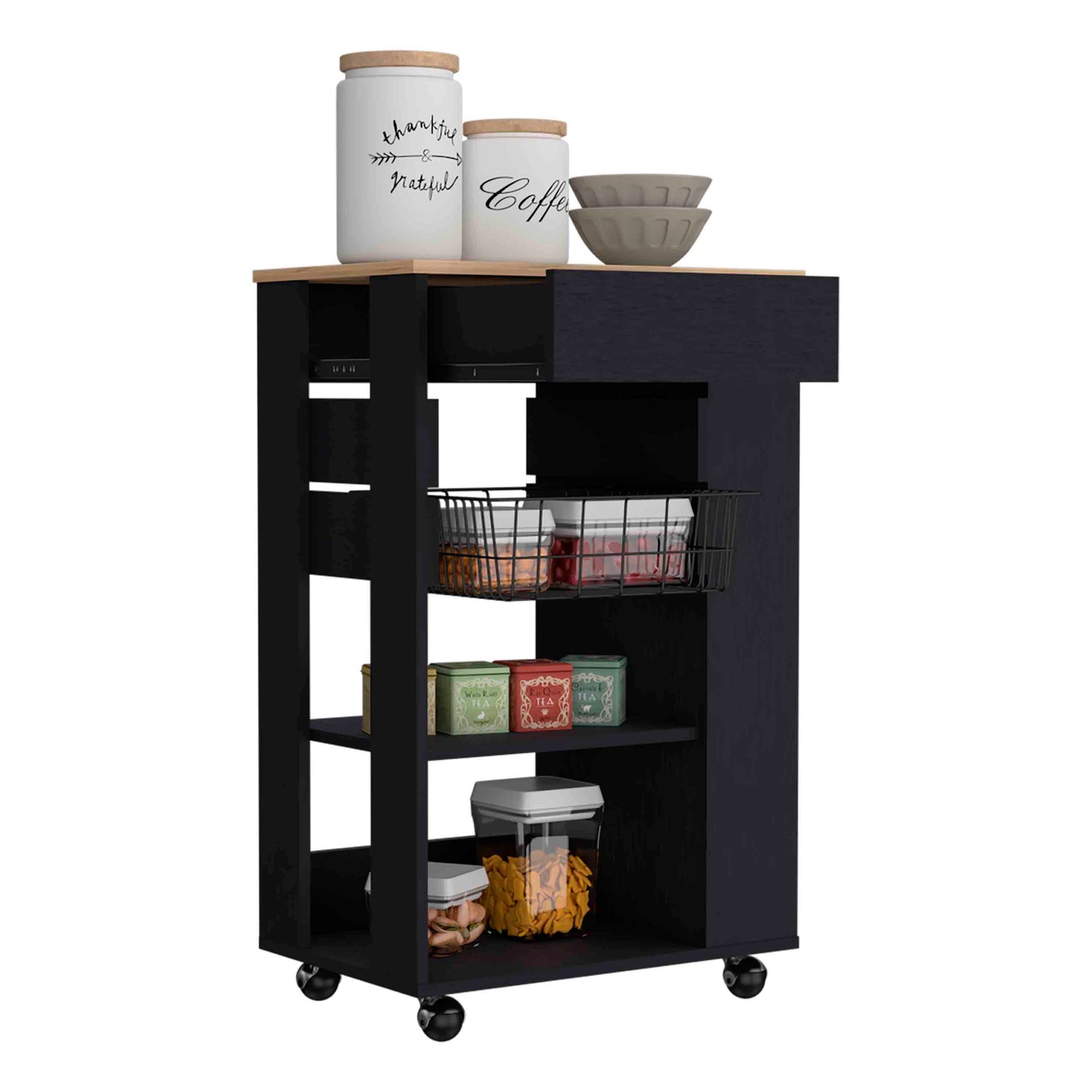 Multifunctional Kitchen Cart On Wheels Black And Light Oak