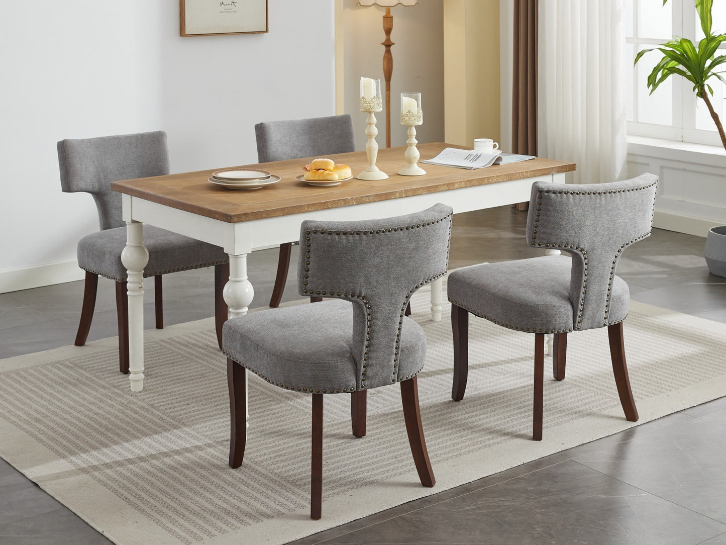 Set of 2 Mid Century Modern Dining Chairs, Linen Upholstery, Copper Nailhead Trim Solid Wood Frame Gray