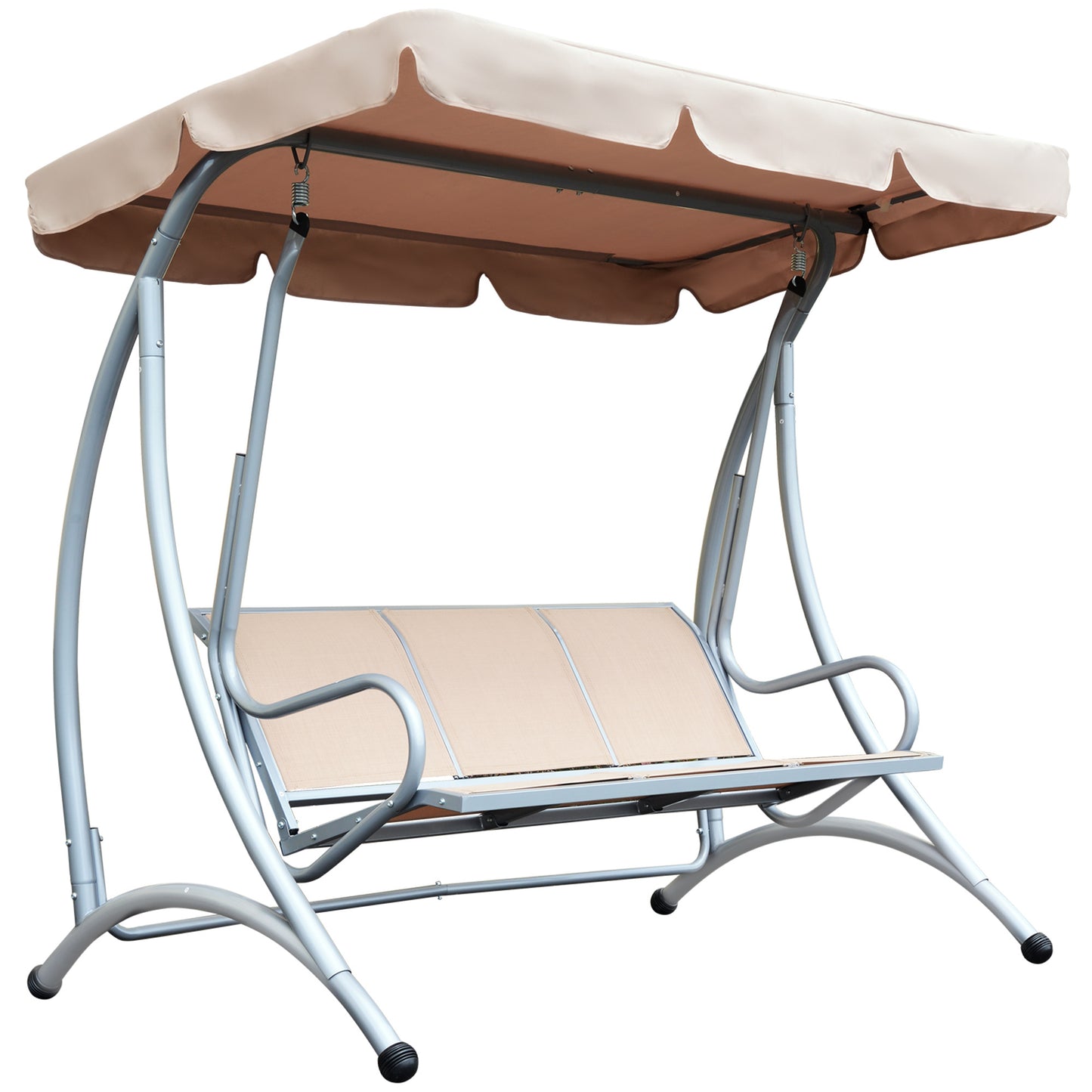 3-Seat Outdoor Porch Swing Chair With Adjustable Canopy And Steel Frame For Garden And Poolside Patio Glider Beige