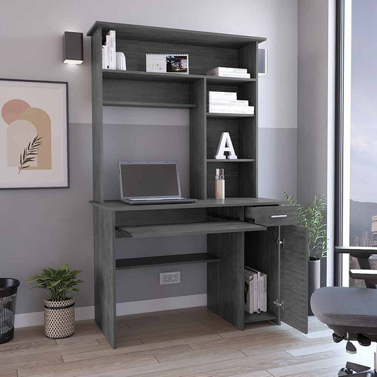 Smokey Oak Compu Hutch Desk with Keyboard Tray, CPU Door Panel, Shelves, and Drawer