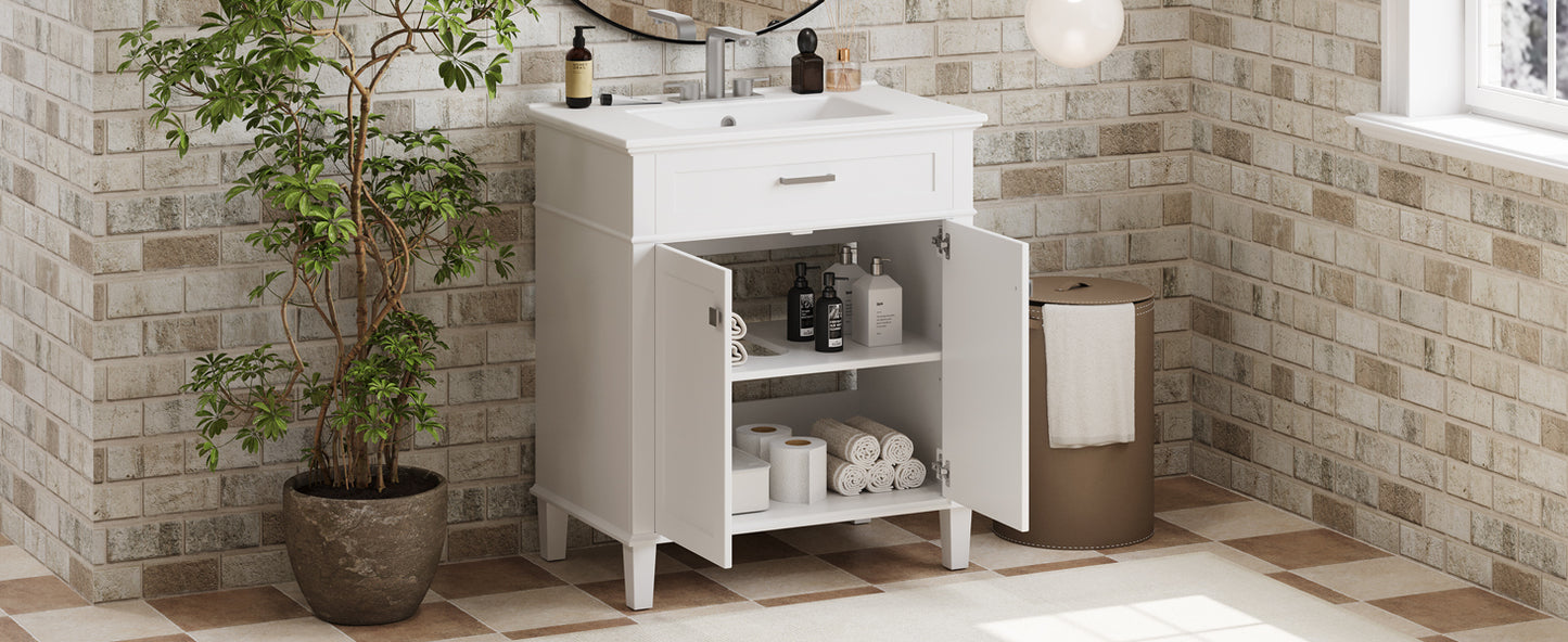 Stylish 30-Inch Bathroom Vanity with Elegant Ceramic Sink, Soft Close Doors, and Adjustable Storage Shelves