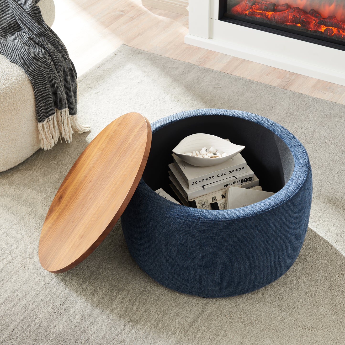 Round Storage Ottoman – Dual-Function End Table, 25.5 Diameter x 14.5 High, 250 lb, Navy