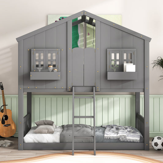 Twin House Bunk Bed for Kids with Roof and Windows - Twin Over Twin Design in Grey