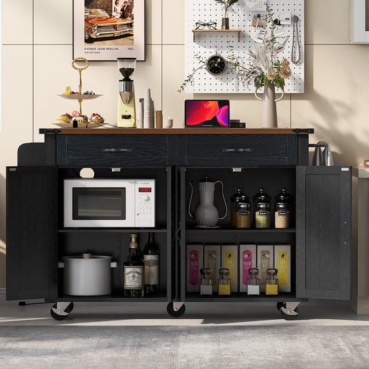 Rolling Farmhouse Kitchen Island with Power Outlet, Drop Leaf Design, Ample Storage, and Spice Rack - Black