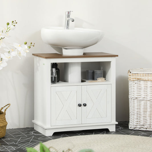 Farmhouse Style Under Sink Cabinet with Double Doors and Shelves for Bathroom Storage - White