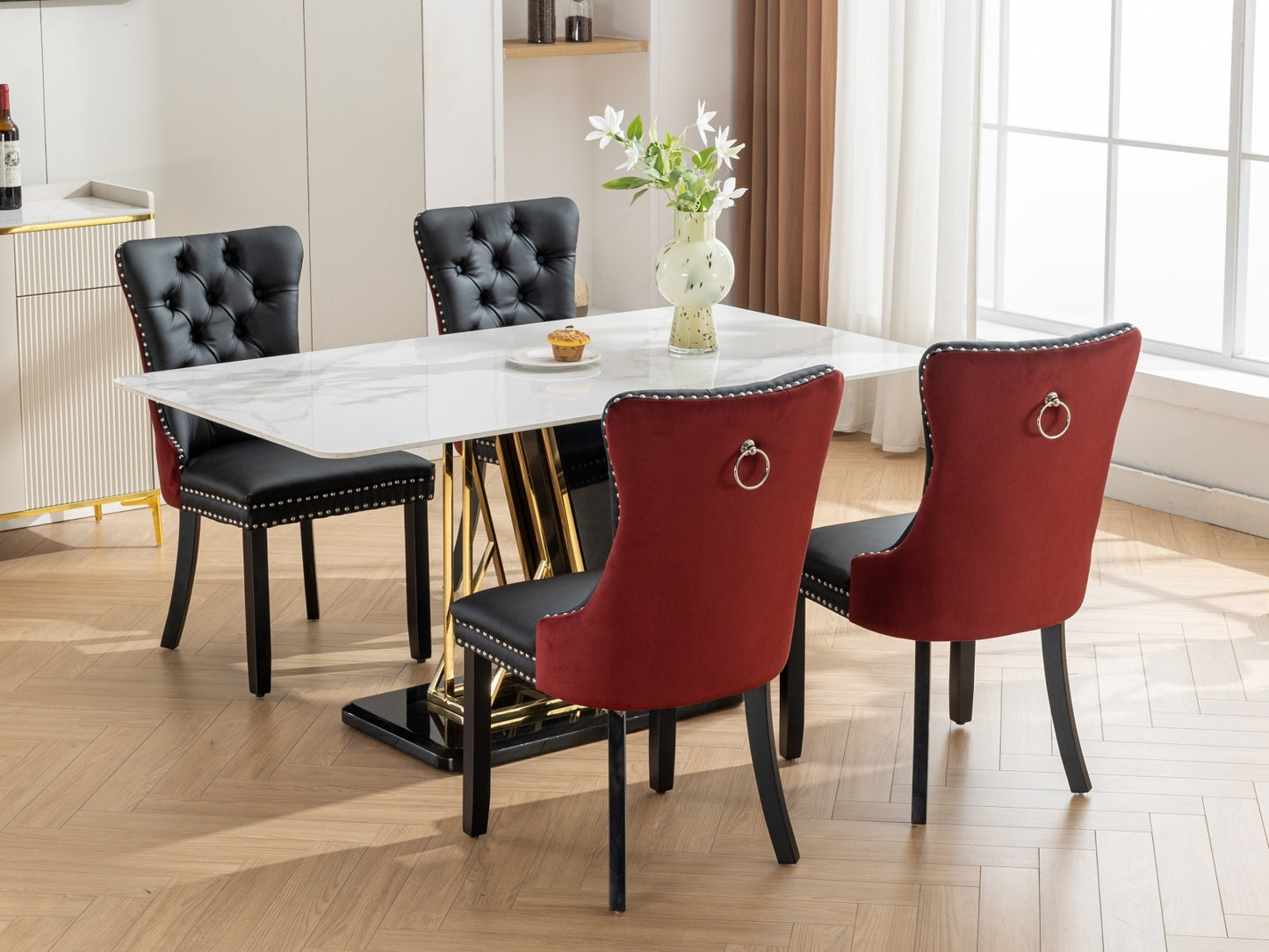Modern Tufted Solid Wood Dining Chairs, PU & Velvet, Wood Legs, Set of 2, Black + Burgundy