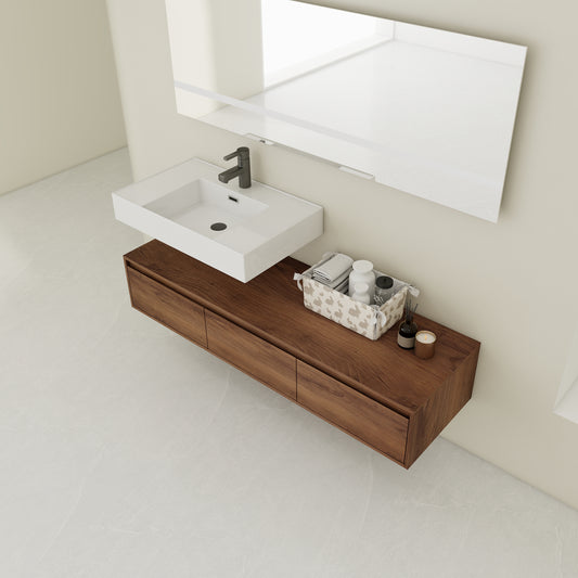 Contemporary 60-Inch Wall-Mounted Bathroom Vanity with Resin Sink and Soft-Close Drawers