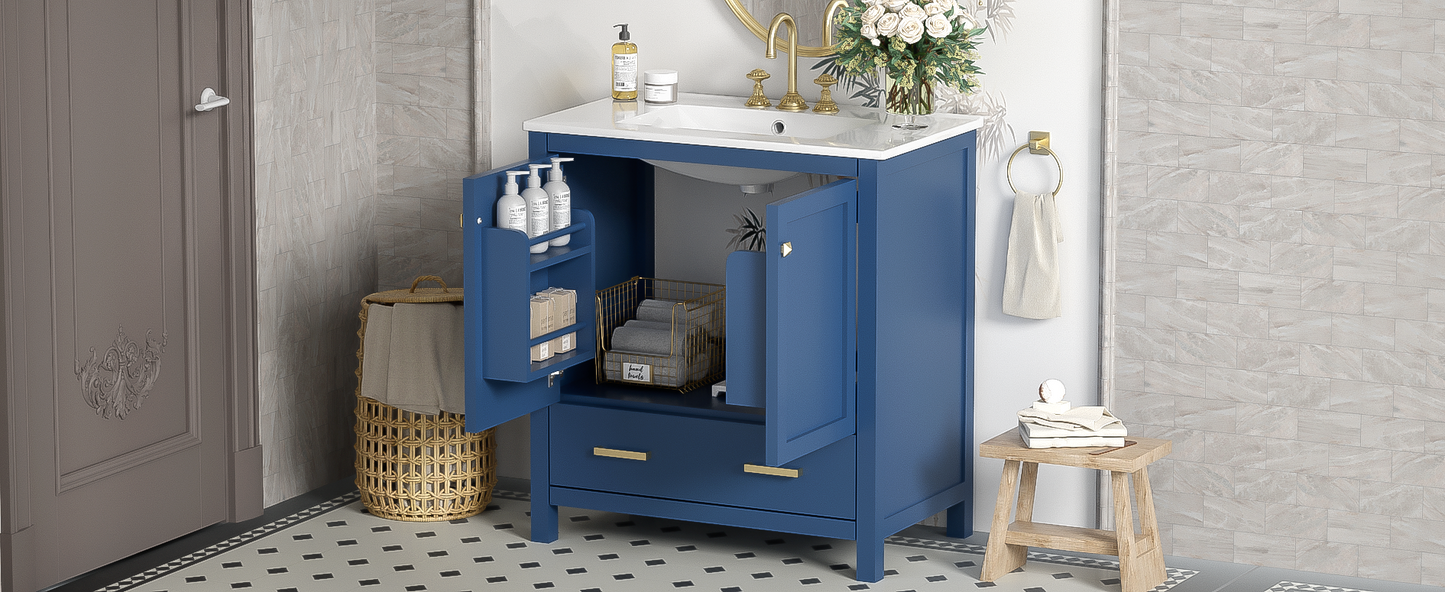 30-Inch Elegant Blue Bathroom Vanity with Ceramic Sink, Stylish Storage Cabinet Featuring Soft-Close Doors and Multifunctional Drawers