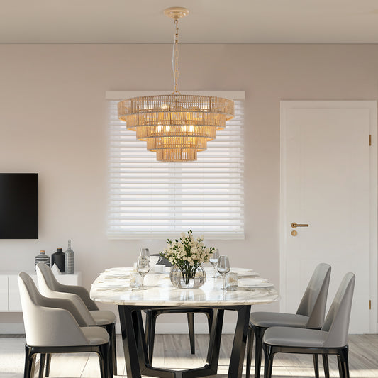 Bohemian Woven Pendant Light, 23.6-Inch, 8-Bulb E12 Dimmable Rattan Chandelier, Adjustable, Wood