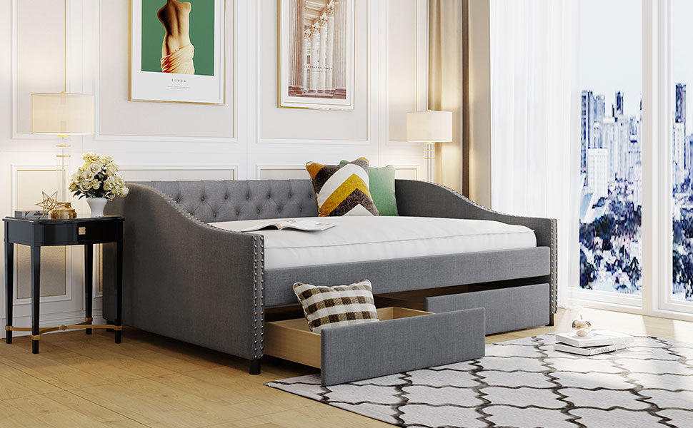 Elegant Gray Upholstered Full Size Daybed with Storage Drawers and Wood Slat Support