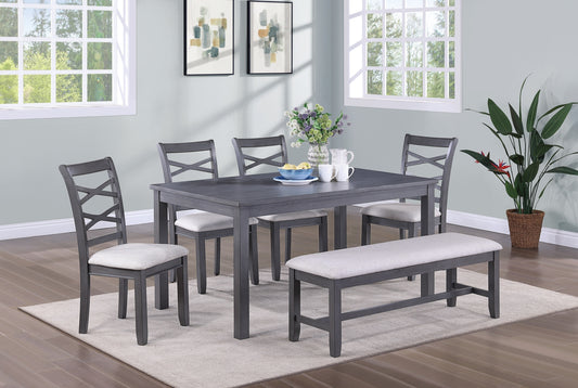 Dining Room Furniture Modern 6pcs Set Dining Table 4x Side Chairs and A Bench Rubberwood Unique Design Back Chair Wooden Top