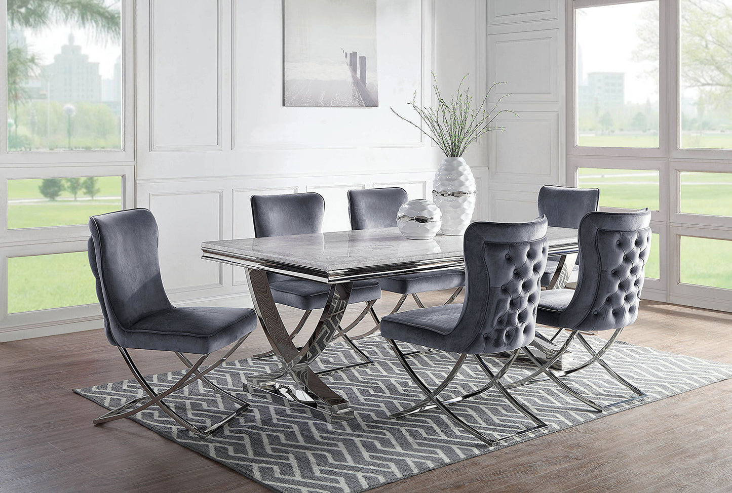 2 Velvet Dining Chairs with Button-Tufted Upholstery, Chrome Frame, 20.75W x 26.5D x 38H, Glam, Gray
