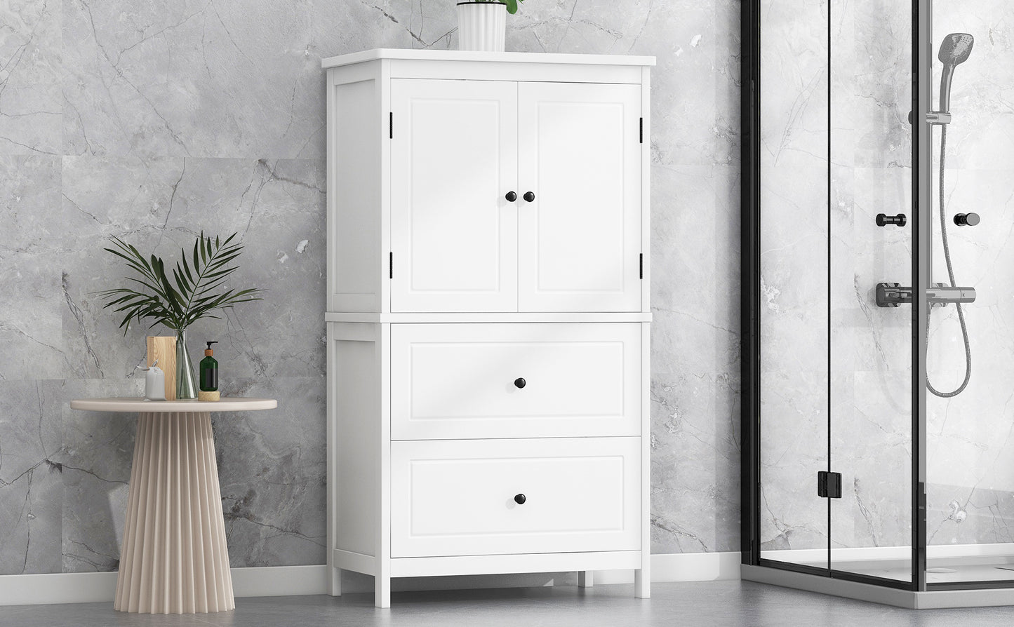 White MDF Bathroom Storage Cabinet with Adjustable Shelves, Two Doors, and Drawers