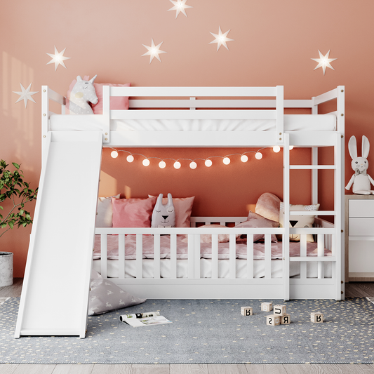Stylish Twin Over Twin Bunk Bed with Fun Slide and Versatile Ladder in White