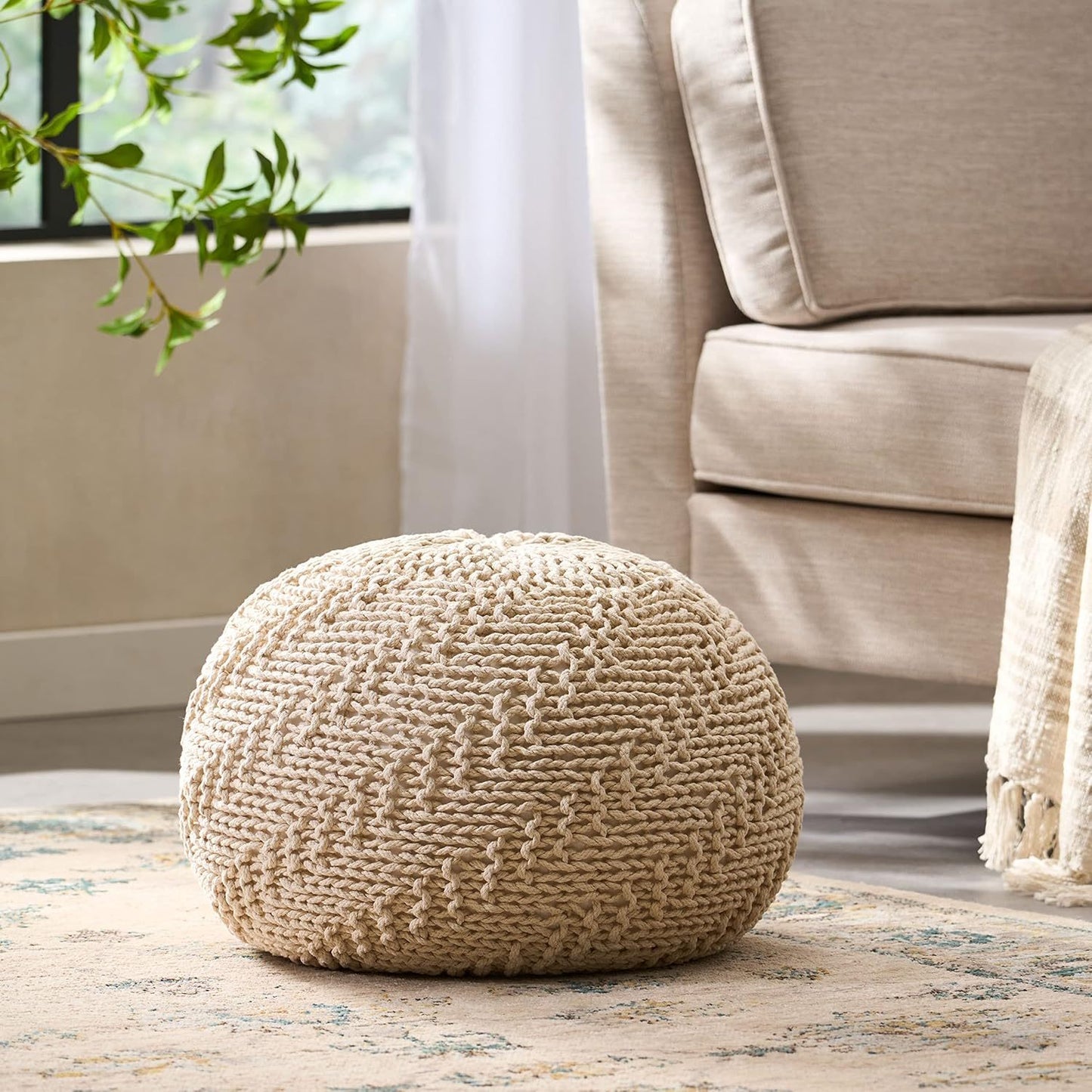 Round Cotton Pouf Ottoman with Knit Weave Cover, 20x20x14 in, Modern Living Room Footstool, Ivory