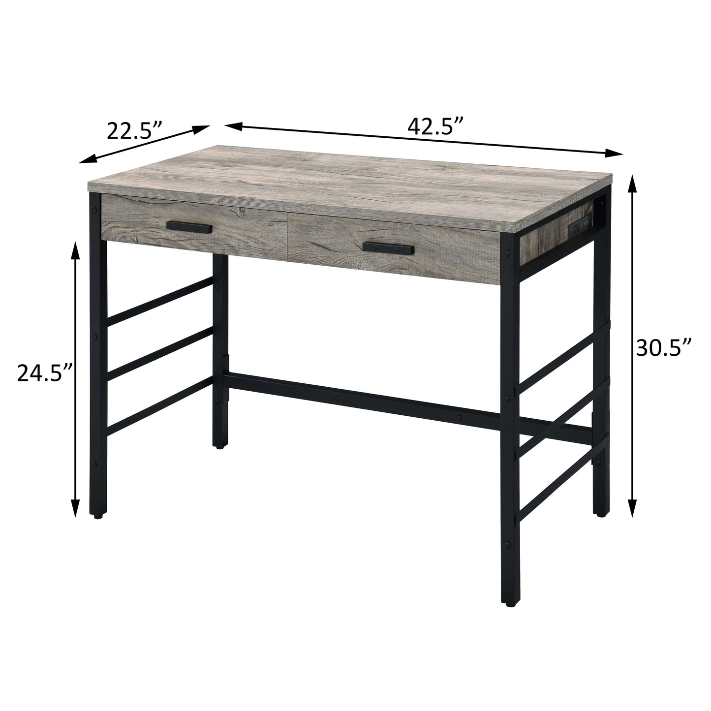 Modern Black and Weathered Oak Office Writing Desk with USB Ports and Drawers