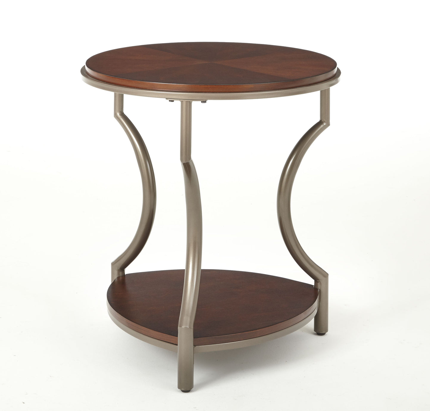 Round End Table with Iron Base, 56-in Diameter, 64-in Tall, Two-Tier Shelf, Engineered Wood Top, Merlot